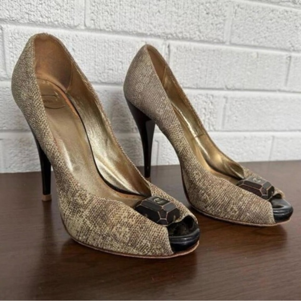 Just Cavalli Beige and Black Peep-Toe Heels
